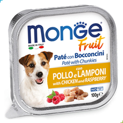 Monge Fruit Wet Dog Food – Pate and Chunkies with Chicken and Raspberry 100g
