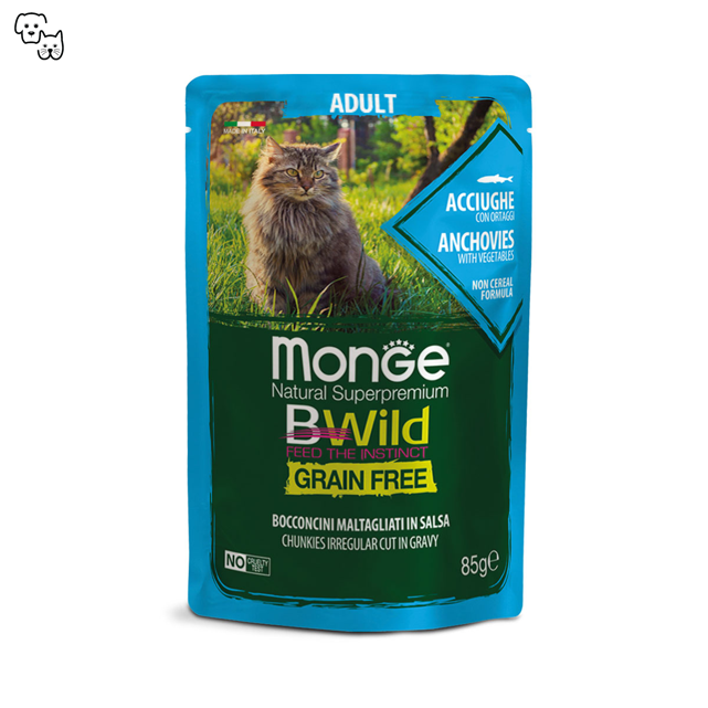 Monge Bwild Adult Wet Cat Food Grain Free Anchovies with Vegetables 85g