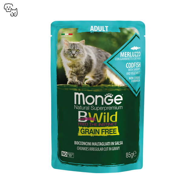 Monge Bwild Adult Wet Cat Food Grain Free Codfish with Shrimps & Vegetables 85g