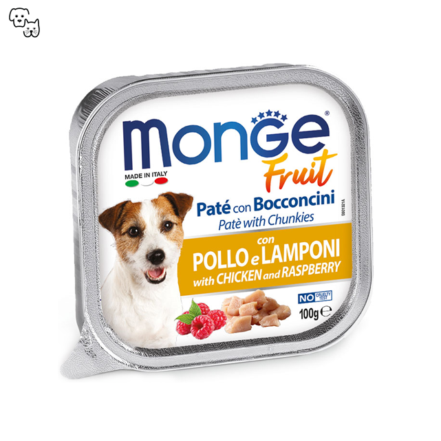 Monge Fruit Wet Dog Food – Pate and Chunkies with Chicken and Raspberry 100g