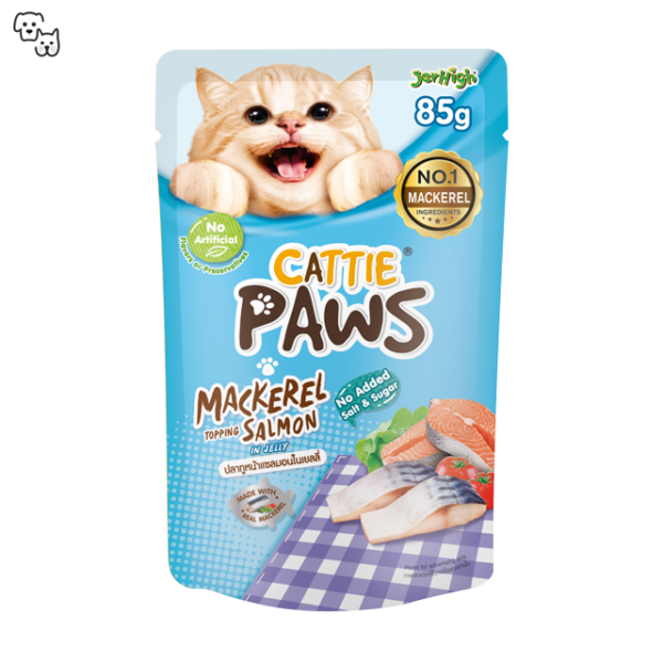 Cattie Paws Wet Food Red Meat Pouch – Mackerel Topping Salmon in Jelly 85g
