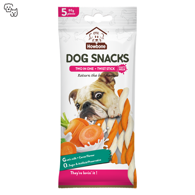 Howbone 2-in-1 Twist Stick Dog Snacks – Goat’s Milk + Carrot Flavour 80g