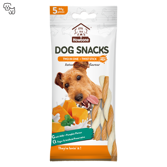 Howbone 2-in-1 Twist Stick Dog Snacks – Goat’s Milk + Pumpkin Flavour 80g
